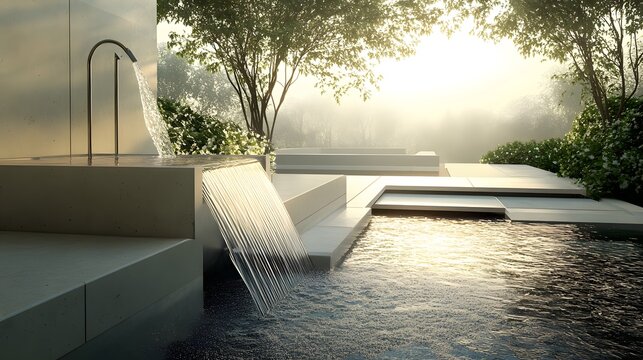A minimalist outdoor space with smart water management systems and eco-friendly landscaping