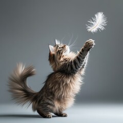 Obraz premium A fluffy Longhair cat playfully swatting at a feather toy, its long fur and bushy tail creating a dynamic scene full of energy and charm