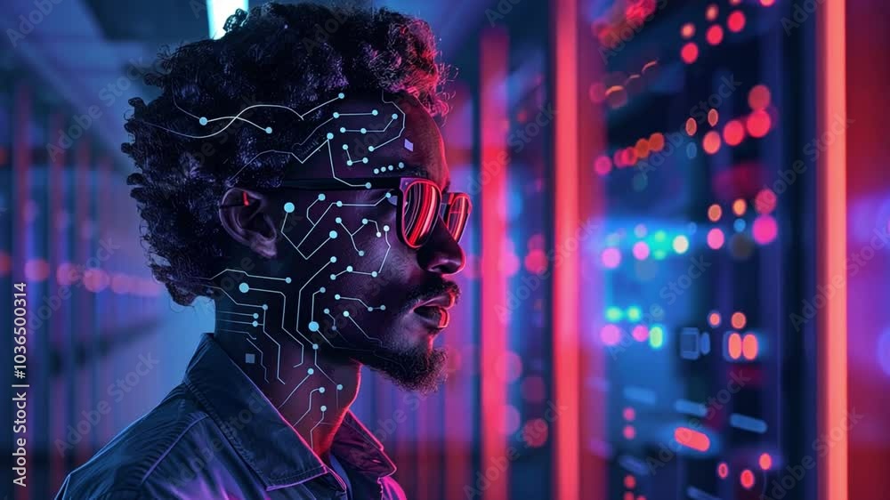 Fototapete a young man stands thoughtfully in a data center, his face adorned with digital circuitry visuals, s