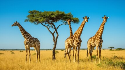Obraz premium Giraffes graze in the golden savanna under a clear blue sky, standing near a lone acacia tree in Tanzania wildlife reserve