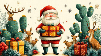 Combination of Santa Claus, deer, and cactus patterns
