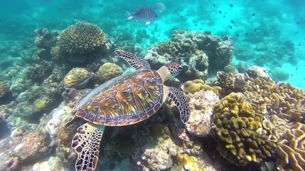A sea turtle swims through a coral reef.