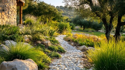 A peaceful garden retreat with native plants, smart irrigation, and energy-saving systems