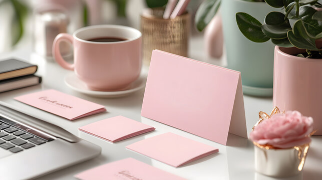 Flat lay of blank business cards with a coffee mug and laptop on a workspace