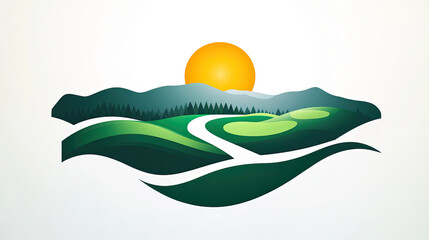Green fields and golden sun, illustrated icon