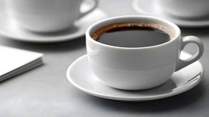 Blank business cards next to a stylish coffee mug on a light gray table