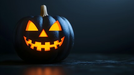 Fototapeta premium Spooky black jack-o'-lantern glowing in the dark