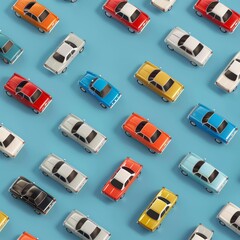 Blue 3D background with toy cars, wallpaper. view from above