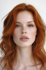 Fototapeta premium Beautiful girl with fair skin, shiny red hair, curly hair, natural makeup, photographed with studio lighting, beauty shot style.