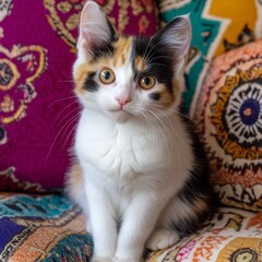 A playful young calico cat sitting among colorful cushions, its vibrant fur and curious expression creating a lively scene
