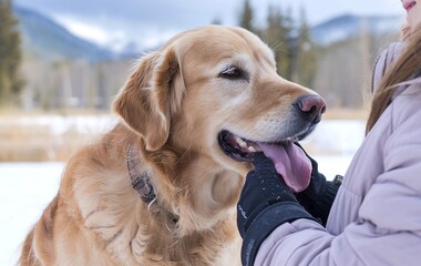 Golden retriever dog with tongue out enjoying girl hands on winter nature background