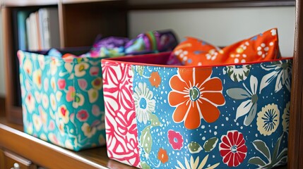 Obraz premium Colorful Floral Patterned Storage Bins on a Wooden Shelf