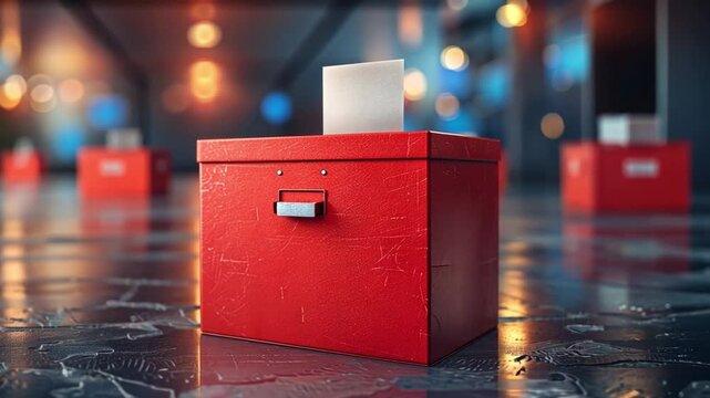 A bright red ballot box stands prominently on a glossy floor in a well-lit polling station, surrounded by other voting boxes as voters prepare to cast their ballots.