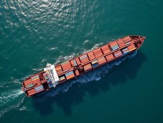 Fototapeta premium A massive cargo ship cuts through the turquoise sea, a testament to global trade. The vessel's rhythmic movement across the water underscores the efficiency of international shipping.
