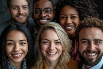 Fototapeta premium Group of diverse business people smiling happily in an office portrait, Generative AI