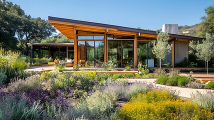 Fototapeta premium A peaceful garden retreat with smart water systems and native plants