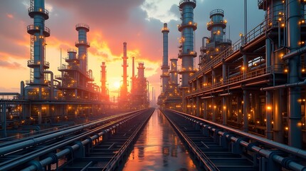 Fototapeta premium Refining Sunset: Industrial Majesty at Dusk