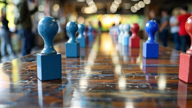 Brightly colored game pieces align on a wooden table within a bustling recreational venue. Friends gather around, ready to engage in a fun and competitive game.