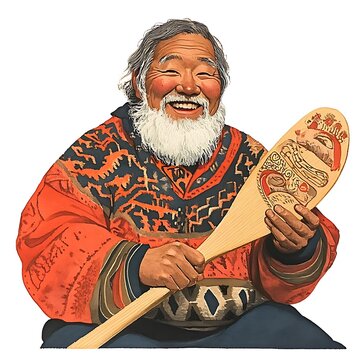 Portrait of a Smiling Indigenous Man Holding a Carved Paddle.