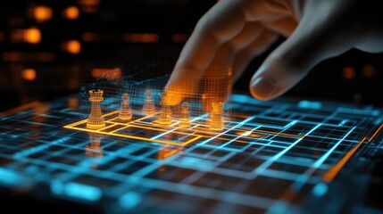 A digital chessboard illuminated, as a hand makes a strategic move, representing decisions in the modern digital age.