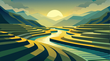 Water reflects the morning sunlight glimmering in the intricate channels that weave throughout the terraced fields.