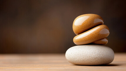 Smooth pebbles stacked harmoniously on wooden surface, creating serene and calming atmosphere. warm tones of stones evoke sense of tranquility and balance