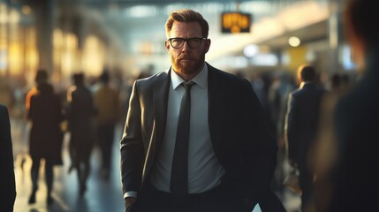 Fototapeta premium A business professional captured striding purposefully in a busy terminal, representing the hustle and urgency of corporate life.