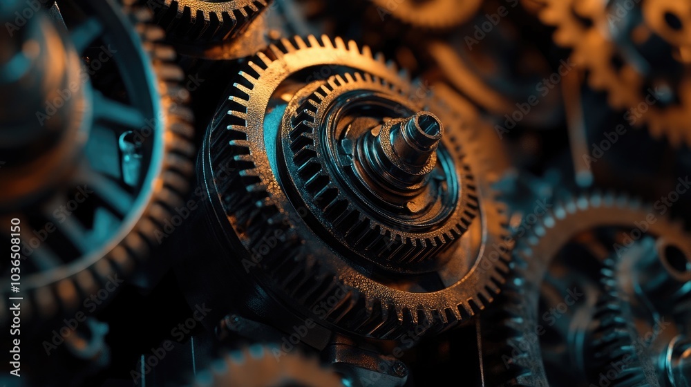 Poster a dynamic image of interlocking gears, their movement symbolizing mechanical efficiency and engineer