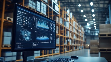 A comprehensive warehouse management system interface on a computer screen, displaying detailed analytics, inventory levels, and workflow charts, with a background of a well-organized warehouse floor