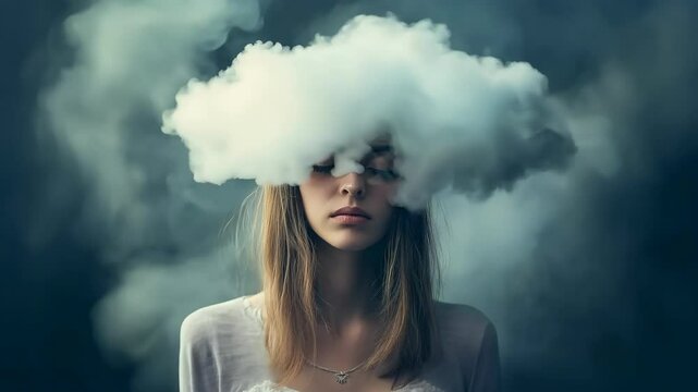 A woman depression has cloud over head. The cloud is very large and covers the sky. The serious expression on her face