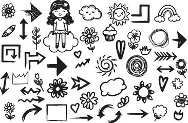 Arrow line hand drawn brush vector set. Grunge square, spiral, arrow element scribble line brush hand drawn sketch design. Grunge abstract chalk, crayon pencil style. Vector illustration