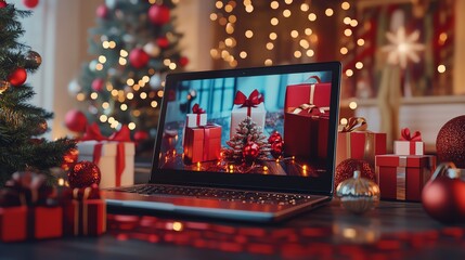 Laptop with holiday decorations, festive setting