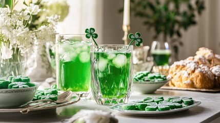 A festive table spread for St. Patrick Day, featuring green cocktails, shamrock cookies, and Irish soda bread.