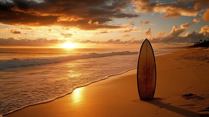 A surfboard stands on a sandy beach at sunset, symbolizing leisure and ocean activities.