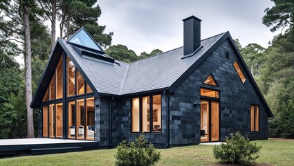 Obraz premium modern, minimalist cabin set in a lush, forested environment. The structure features a sleek, dark exterior with horizontal wooden paneling