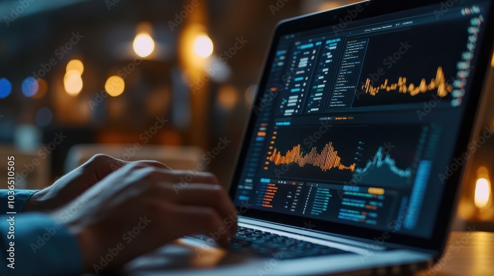 Poster a person analyzing data on their laptop, with the screen showing graphs and tables of traffic analyt