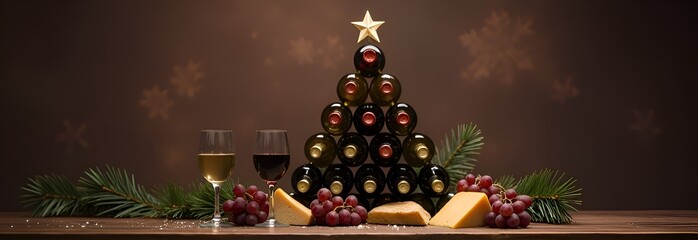 Christmas concept Winery products Wine bottles in the shape of a Christmas tree on a table with cheese, grapes and glasses of wine in an atmospheric Christmas setting on a dark gray background.