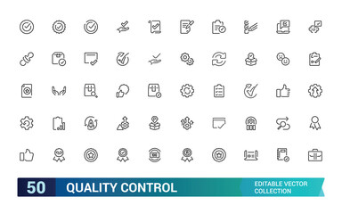 Set of quality control line icons. Related to check, certificate, inspect, review, approve, checkmark and more. Editable stroke. Pixel perfect, vector illustration.