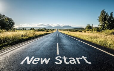 A creative concept of an empty road with "New Start" written on the pavement, stretching towards the horizon to represent the future, positivity, and success of a fresh start in life