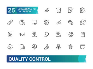 Set of quality control line icons. Related to check, certificate, inspect, review, approve, checkmark and more. Editable stroke. Pixel perfect, vector illustration.