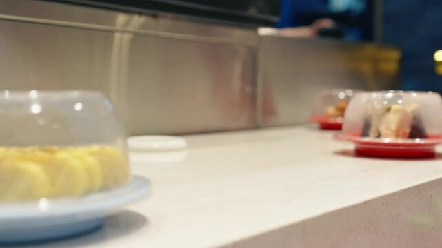various types of sushi on conveyor belt in a Japanese restaurant. Shushi Go Round is a famous form of fast food in Asia, also known as sushi train.
