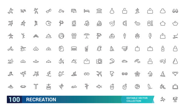 Set of recreation line icons. Entertainment, hobby, vacation, sports, tourism and more. Web line icon. Outline pictogram. Editable stroke. Pixel perfect, vector illustration.