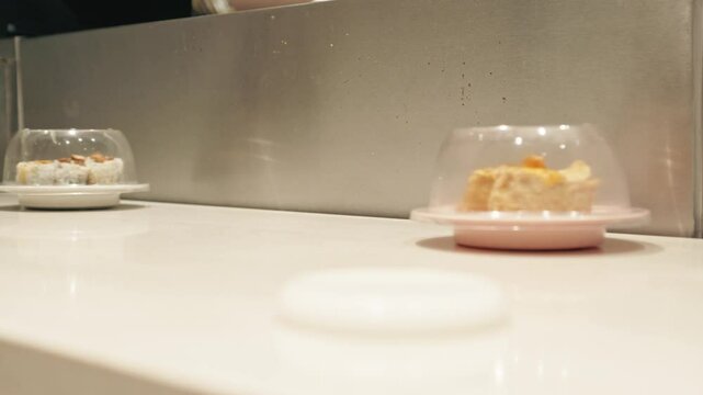 various types of sushi on conveyor belt in a Japanese restaurant. Shushi Go Round is a famous form of fast food in Asia, also known as sushi train.
