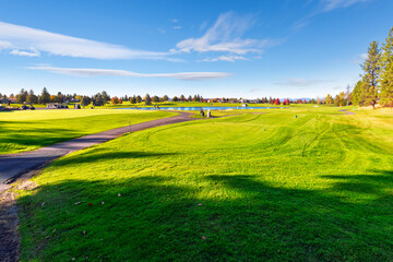 A golf course on a sunny Autumn day in the upscale suburban city of Liberty Lake, Washington, a suburb of the greater Spokane region of Northeastern Washington State.