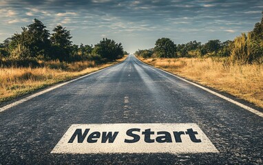 A wide shot of a long empty road with "New Start" written on it, fading into the distant horizon, representing positivity and the journey towards future success in life 