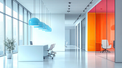 Fototapeta premium Modern office, elegant lobby, long glass windows