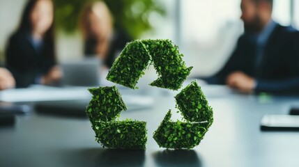 A team of professionals strategizing and conversing about a sustainability policy with the recycle reduce reuse symbol in a conference room. A progressive environmentally conscious organization