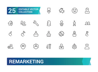 Remarketing icons set in line style. Outline set of advertising and Marketing icons for web design. Editable stroke, Pixel perfect, vector illustration.