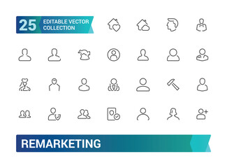 Remarketing icons set in line style. Outline set of advertising and Marketing icons for web design. Editable stroke, Pixel perfect, vector illustration.