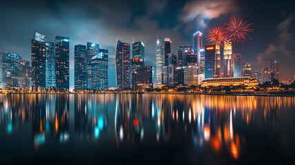 Naklejka premium A lively New Year's Eve in Singapore, with fireworks lighting up the skyline. 